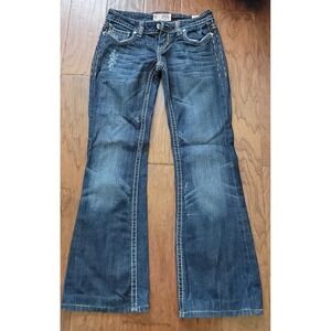 MEK Oaxaca Women's Boot Low Rise Stitchi Blue Denim Jeans Sz 26x29 Hemmed Inseam